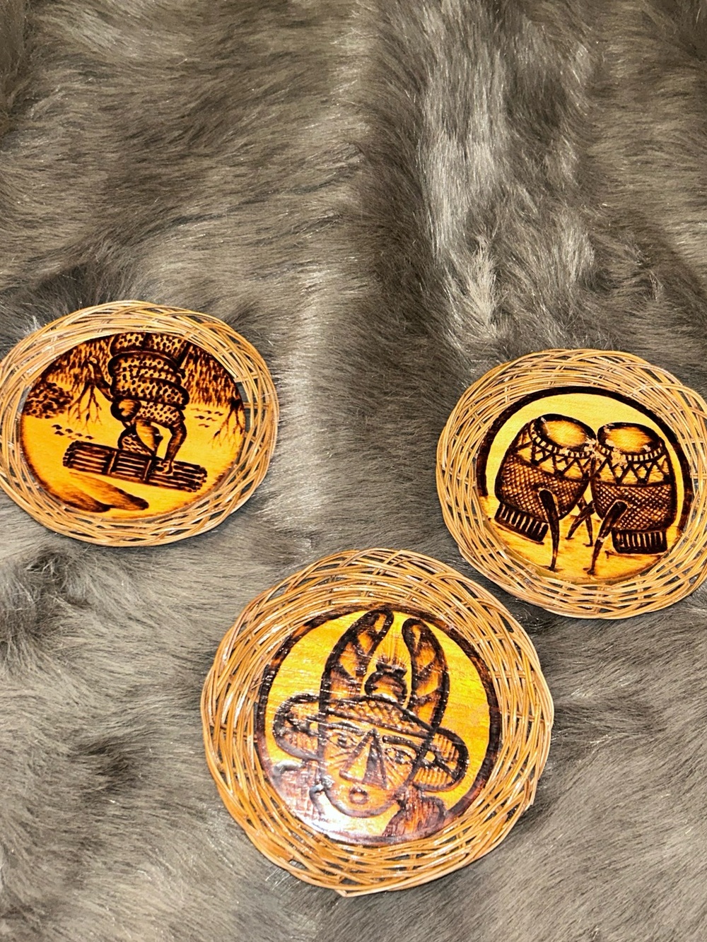 Vintage carved Hawaiian Tiki Island Wicker Rattan Wood Coaster Set 5”